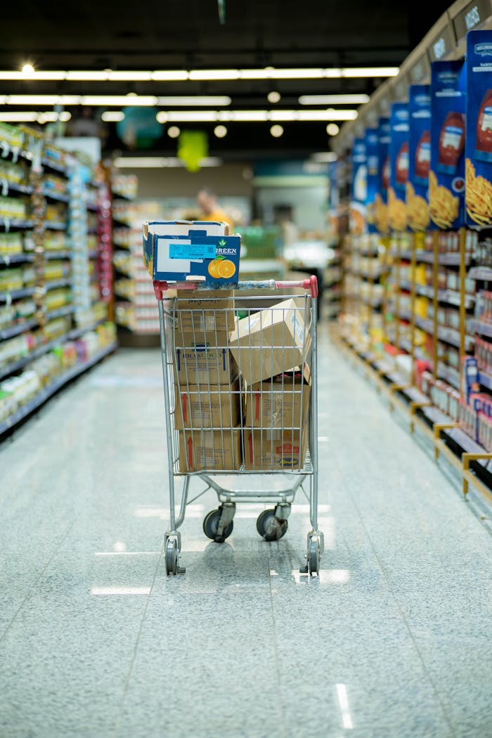 Home A shopping cart with packages in a grocery aisle, showcasing everyday shopping options.